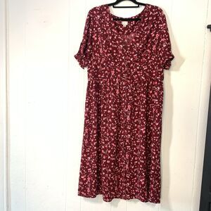 A New Day Womens 2XL Dress Midi Button Up Micro Floral Red Tie Sleev Cottagecore